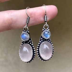 Rose quartz and rainbow moonstone silver earrings